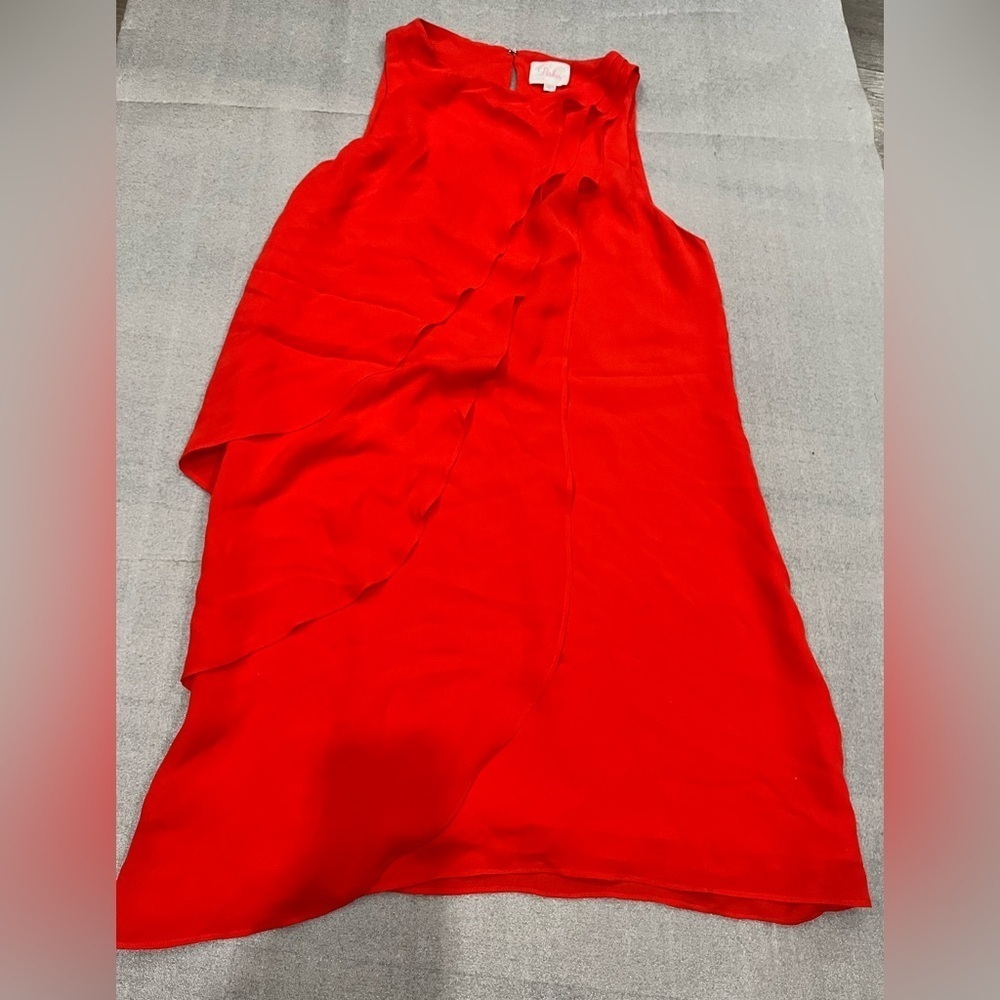 [S]Parker Bold Red Ruffled Front 100 Silk Shift Dress Fully Lined NWOT